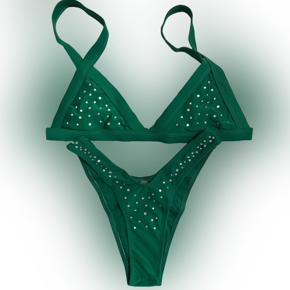Emerald Green Rhinestone Triangle High Cut Cheeky Bikini Set - Picture 2 of 10